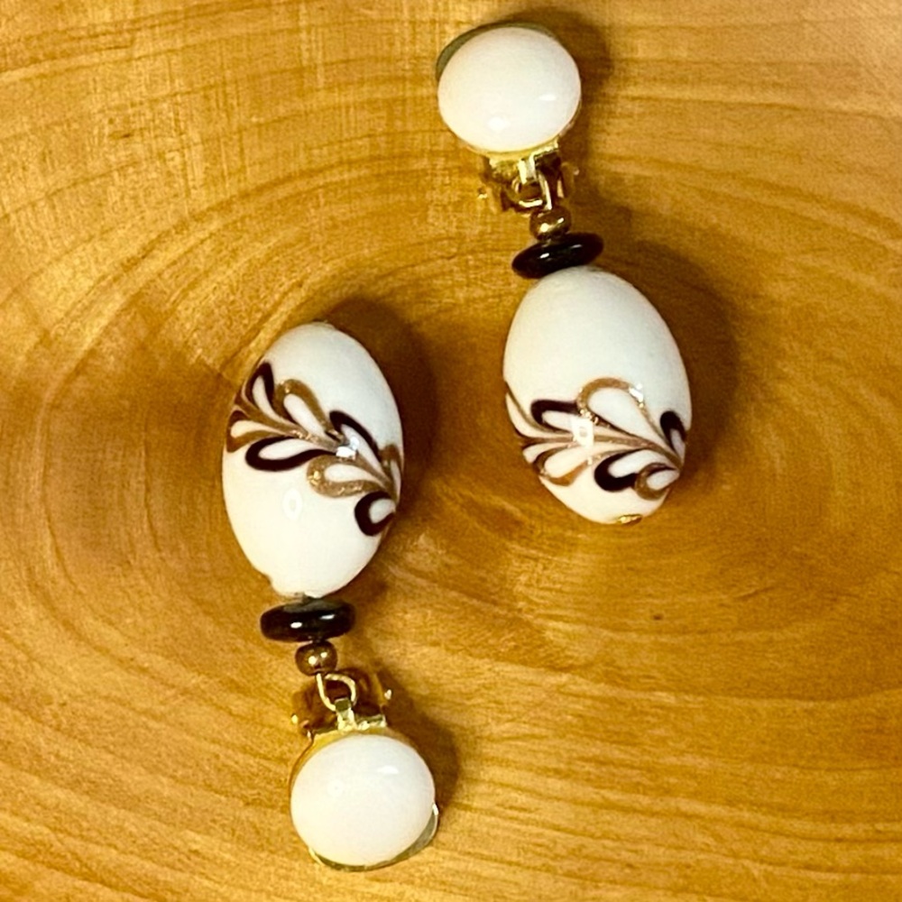 Milk Glass Clip-On Earrings Brown & Gold Venetian Swirl